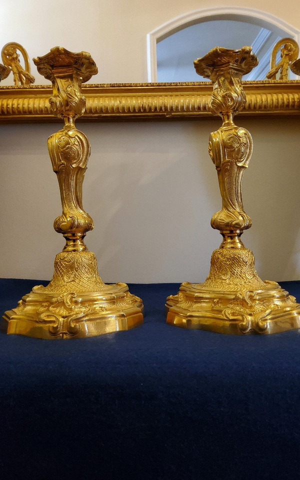 Paire De Bougeoirs En Bronzes Dorés Style Louis XV Rocaille Aux "papillons" XIXéme