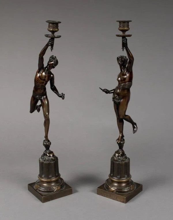 Pair of candlesticks in bronze. Mercury and fortune (Jean de Bologne)