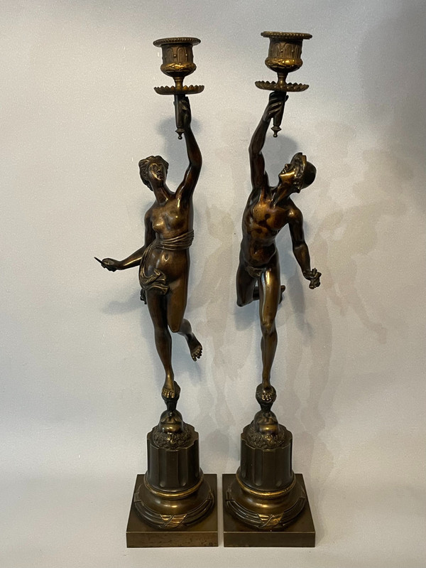 Pair of candlesticks in bronze. Mercury and fortune (Jean de Bologne)