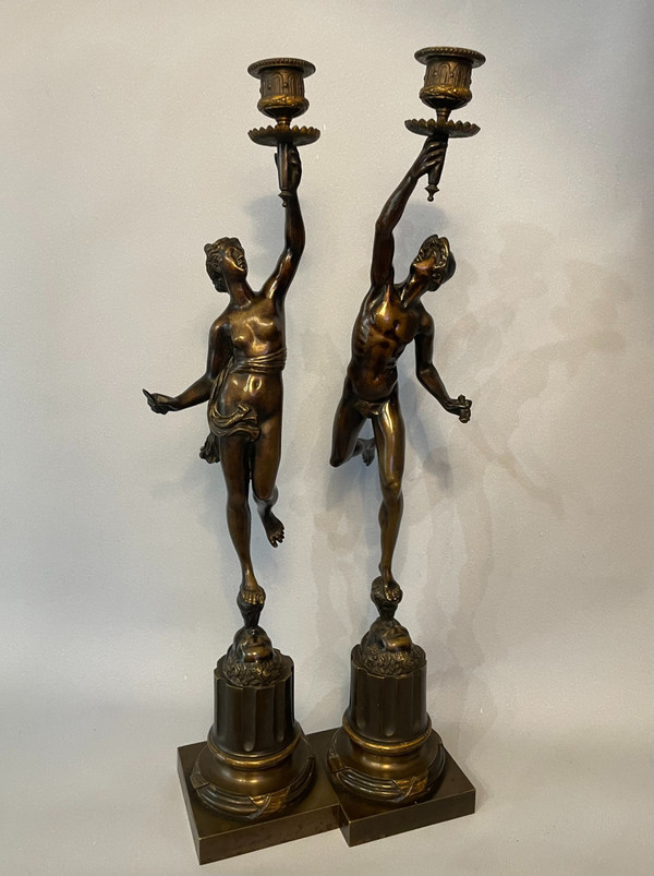 Pair of candlesticks in bronze. Mercury and fortune (Jean de Bologne)