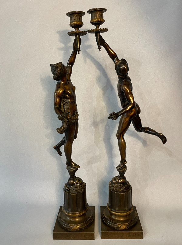 Pair of candlesticks in bronze. Mercury and fortune (Jean de Bologne)