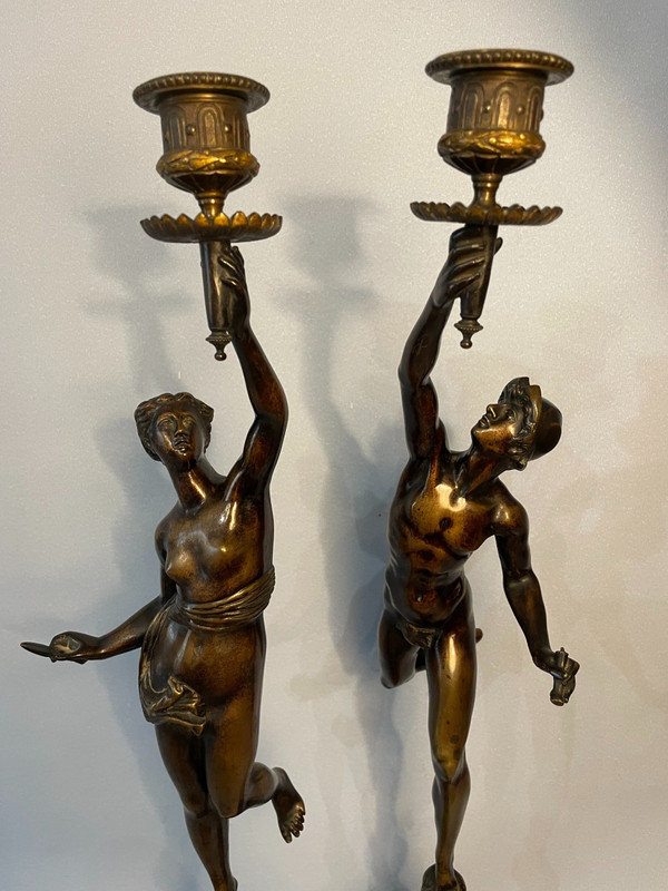 Pair of candlesticks in bronze. Mercury and fortune (Jean de Bologne)