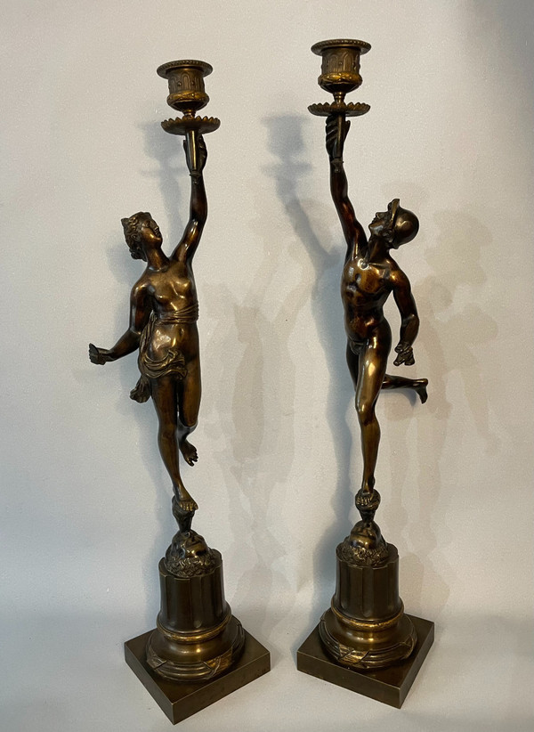 Pair of candlesticks in bronze. Mercury and fortune (Jean de Bologne)