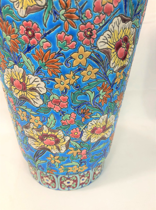 Old and large vase in LONGWY enamel signed 37,5 cm