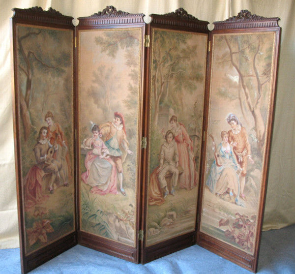 Carved walnut screen with 4 leaves painted with galant scenes in the Louis XVI style (19th century)