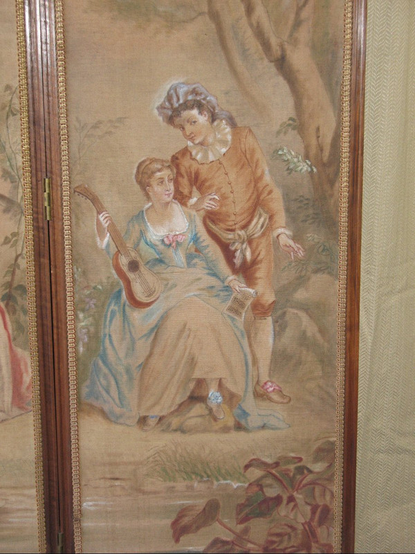 Carved walnut screen with 4 leaves painted with galant scenes in the Louis XVI style (19th century)