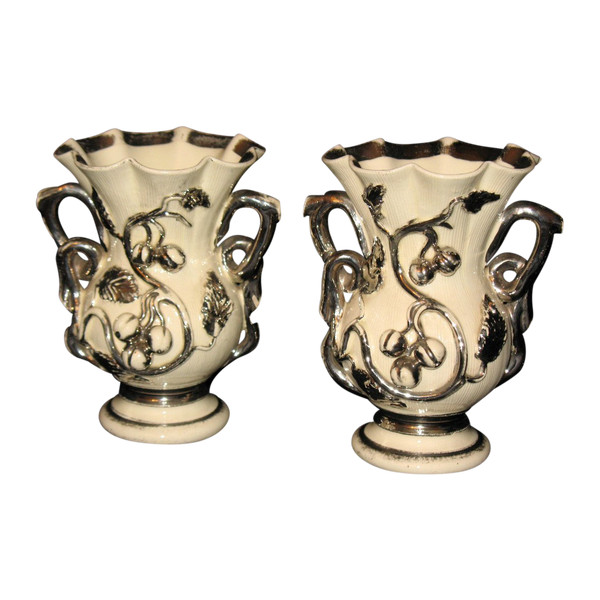 Pair of Langeais earthenware vases with gooseberry decoration signed Charles de Boissimon 19th century