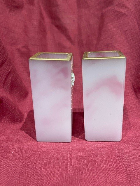 Pair Of Enameled Glass Vases With Cameo Design