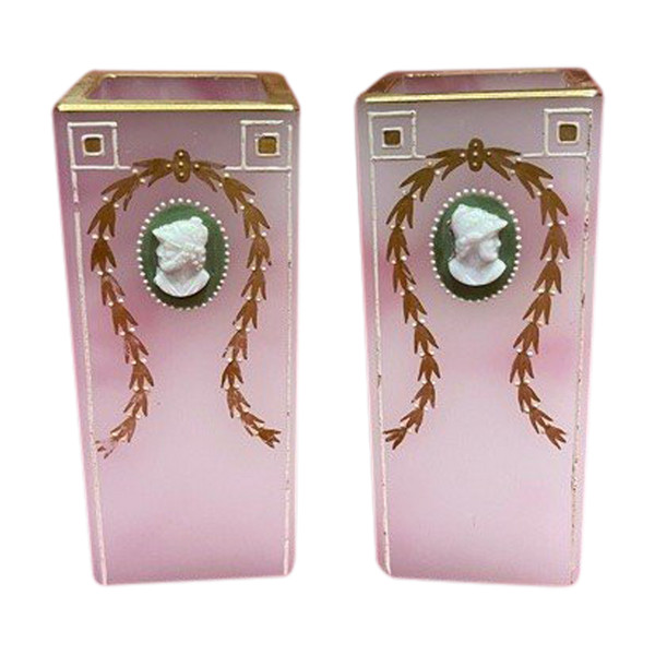 Pair Of Enameled Glass Vases With Cameo Design