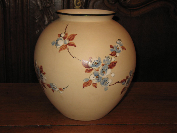 Large ball vase in Ciboure sandstone Japanese decor with cherry blossoms by C Fischer 20th century