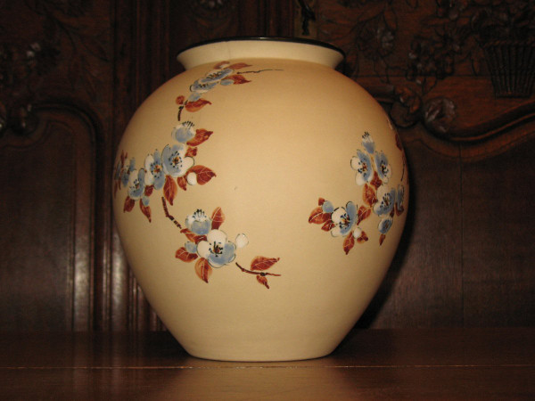 Large ball vase in Ciboure sandstone Japanese decor with cherry blossoms by C Fischer 20th century