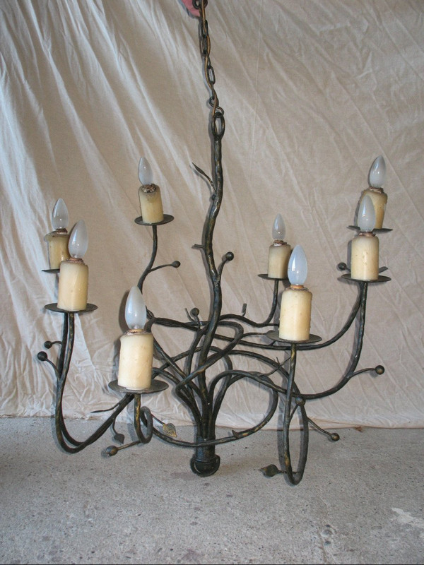 8-light twisted iron chandelier Art Nouveau style mistletoe decor