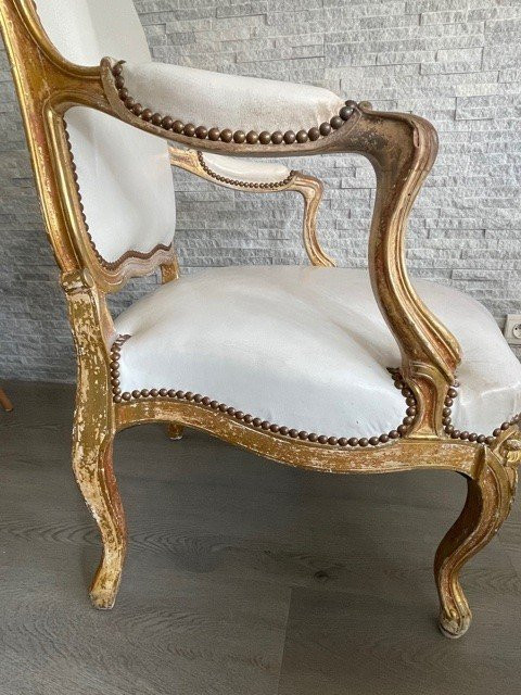 Louis XV White Leather Armchair Golden Wood XIX