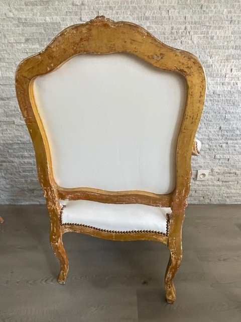 Louis XV White Leather Armchair Golden Wood XIX