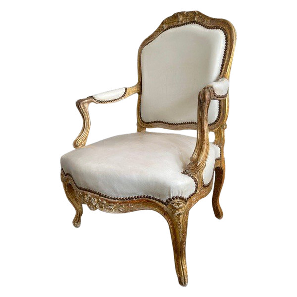 Louis XV White Leather Armchair Golden Wood XIX