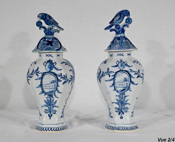 Pair of Earthenware Lidded Vases, Delft Style - Mid-19th Century