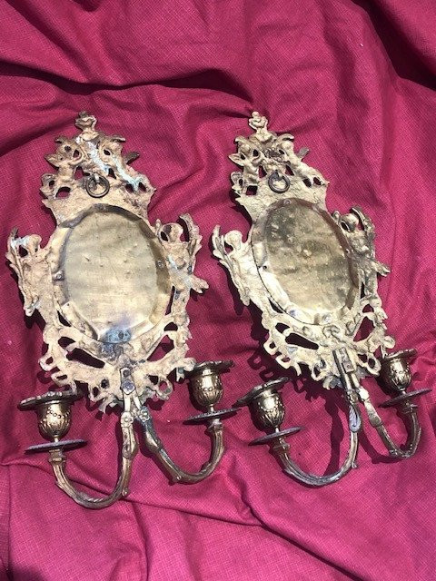 Paire Appliques Murales Louis XVI 2 Feux Miroir Bronze Napoleon III XIX Eme