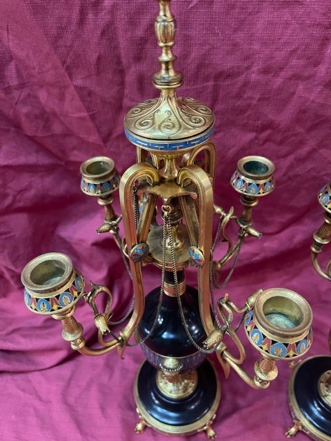 Pair Of Candlesticks Gilded Bronze Enamels Cloisonné Ferdinand BARBEDIENNE And Louis Constant SEVIN