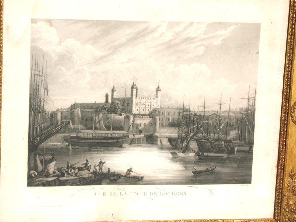 19th century Empire style gilt frame with engraving View of the Tower of London