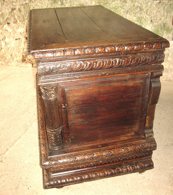 Carved oak wedding chest from Normandy 17th century