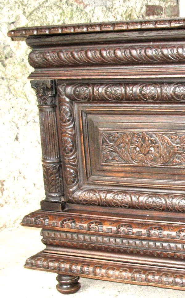 Carved oak wedding chest from Normandy 17th century