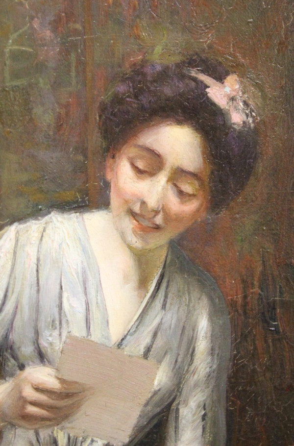 Olio su tela Femme à La Lettre di Alfred Martin datato 1904