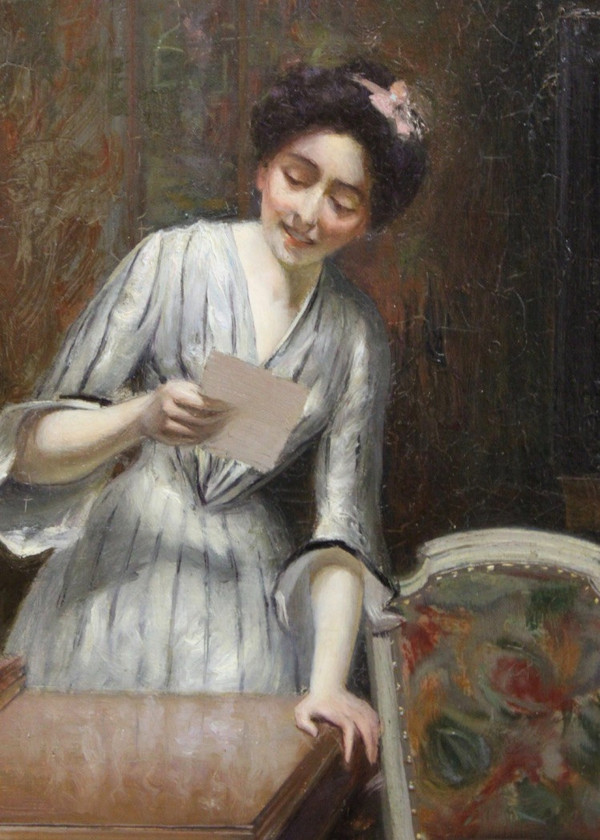 Olio su tela Femme à La Lettre di Alfred Martin datato 1904