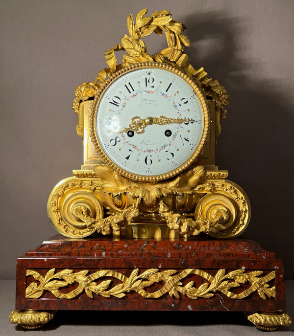 Important Louis XVI style Napoleon III period Griotte Red Marble and gilt bronze clock