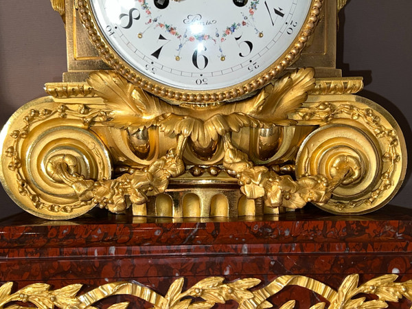 Important Louis XVI style Napoleon III period Griotte Red Marble and gilt bronze clock