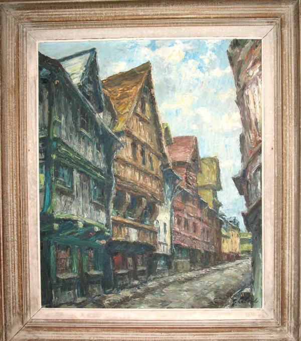 Huile sur panneau Rue de Rouen -  Gaston Laborde