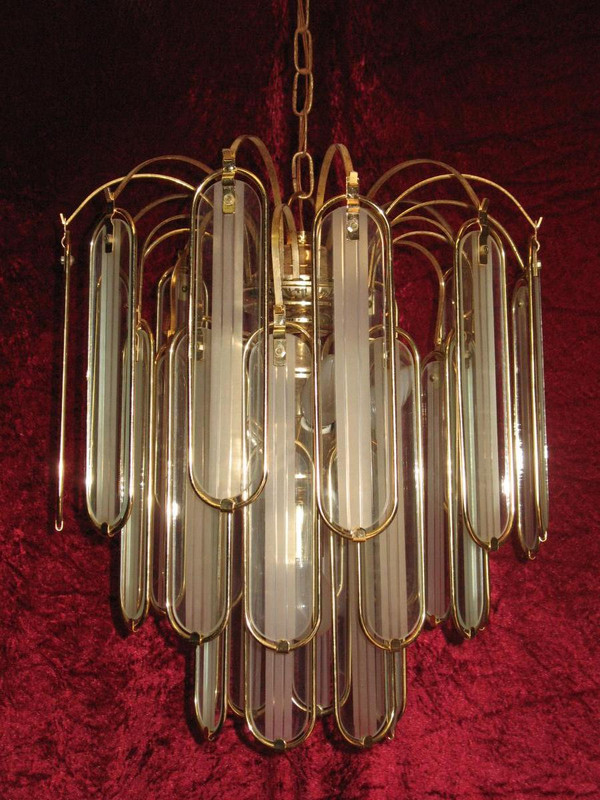 Lampadario in vetro e metallo dorato con 6 applique degli anni '60 e '70