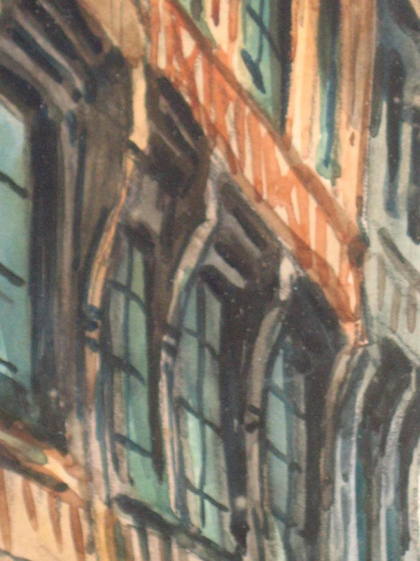 Pierre Le Trividic Aquarell belebte Straße von Rouen Ecole de Rouen