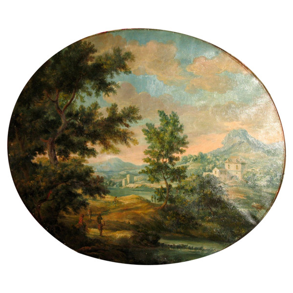 Belebte italienische Landschaft Öl auf Leinwand oval 19.