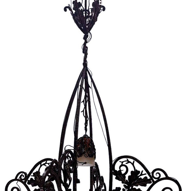 1930s Art Deco Wrought Iron Chandelier With Colorful Tulips Very High Quality Wrought Iron,