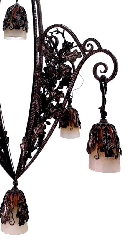 1930s Art Deco Wrought Iron Chandelier With Colorful Tulips Very High Quality Wrought Iron,