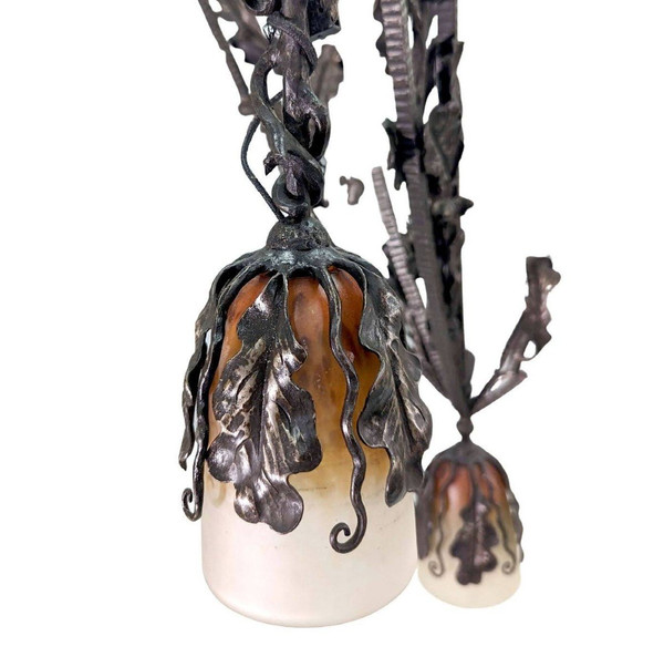 1930s Art Deco Wrought Iron Chandelier With Colorful Tulips Very High Quality Wrought Iron,