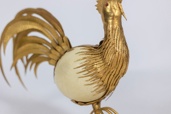 Rooster In Ostrich Egg And Golden Brass, 1970s, Ls5591125d