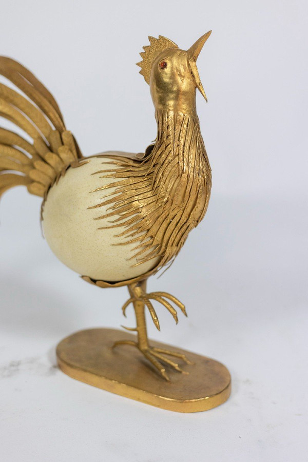 Rooster In Ostrich Egg And Golden Brass, 1970s, Ls5591125d