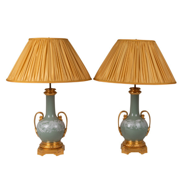 Pair Of Celadon And Bronze Porcelain Lamps, Circa 1880, LS53501172