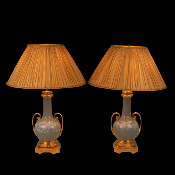 Pair Of Celadon And Bronze Porcelain Lamps, Circa 1880, LS53501172