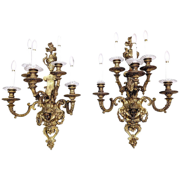 Spectacular Pair Of Gilt Bronze Sconces Heads Of Nubians Style Louis XIV Nap III