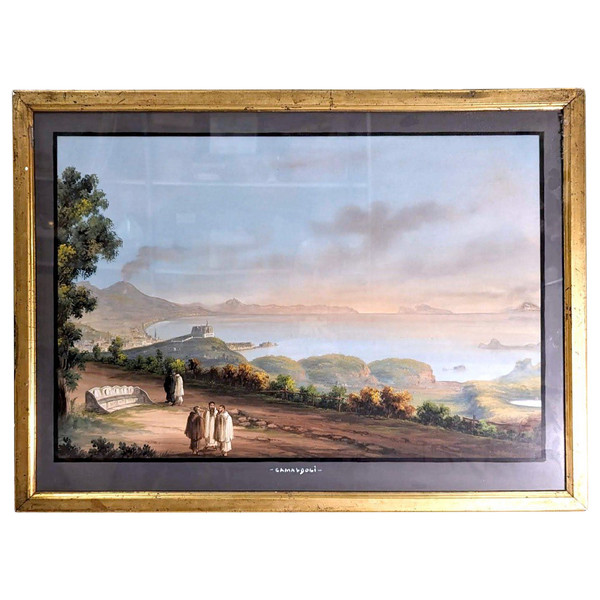 Large Neapolitan Gouache "camaldoli" With A View Of The Chateau De l'Oeuf, The Island Of Ischia,