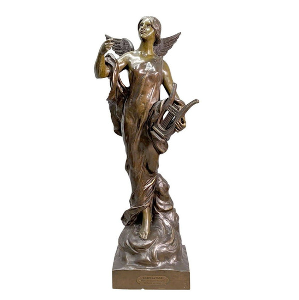 "inspiration" Large Bronze Of Young Winged Woman By Pierre Etienne Daniel Campagne.