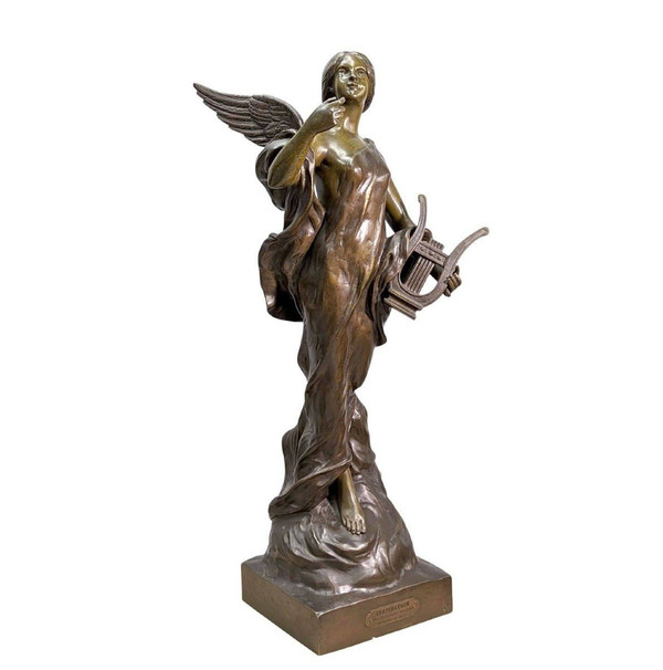 "inspiration" Large Bronze Of Young Winged Woman By Pierre Etienne Daniel Campagne.