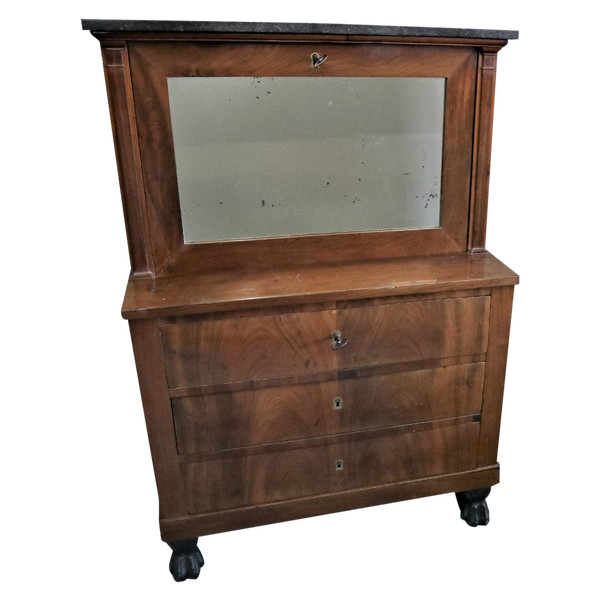 Small Secretary With Flap, Flamed Mahogany, Marble Top, Empire Period