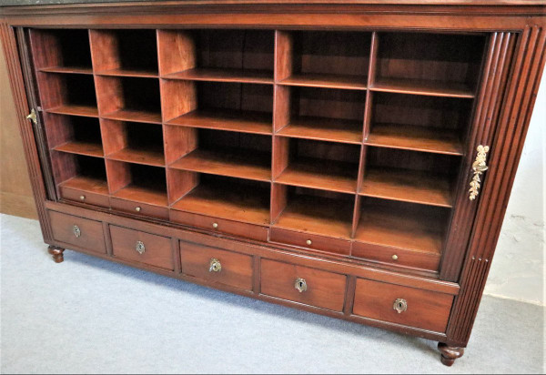 Large File Cabinet with Curtains, Mahogany, Marble Top, Louis XVI Period