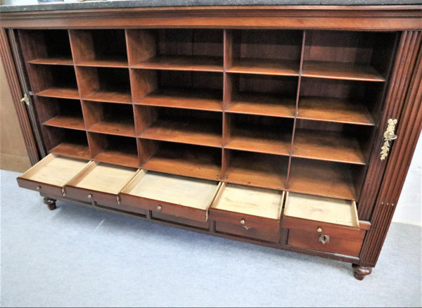 Large File Cabinet with Curtains, Mahogany, Marble Top, Louis XVI Period