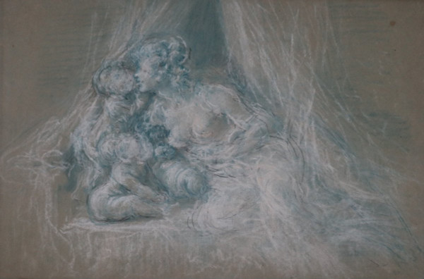 "the kiss", erotic drawing, blue and white chalk, 19th century, modern frame