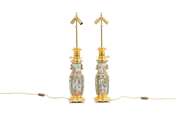 Pair Of Canton Porcelain And Gilt Bronze Lamps, Circa 1880, LS4849553A