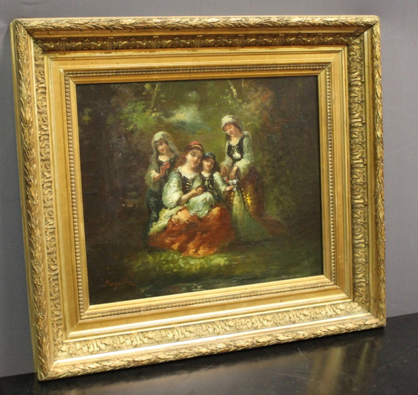 Oil On Canvas Group Of Young Girls Celebrating Spring By Borgella End XIX